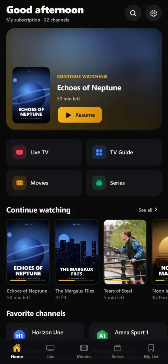 Home screen with resume