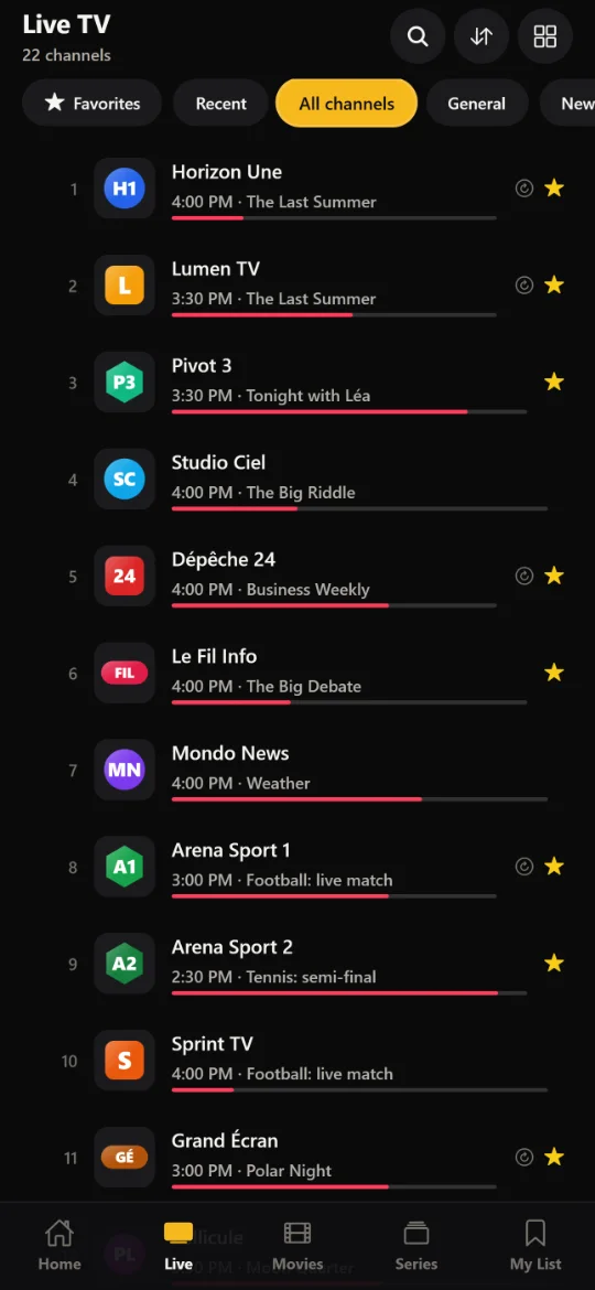 Live channel list
