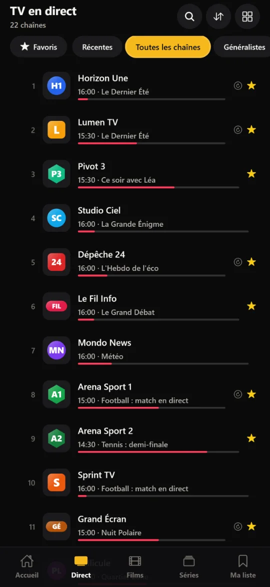 Liste des chaînes en direct